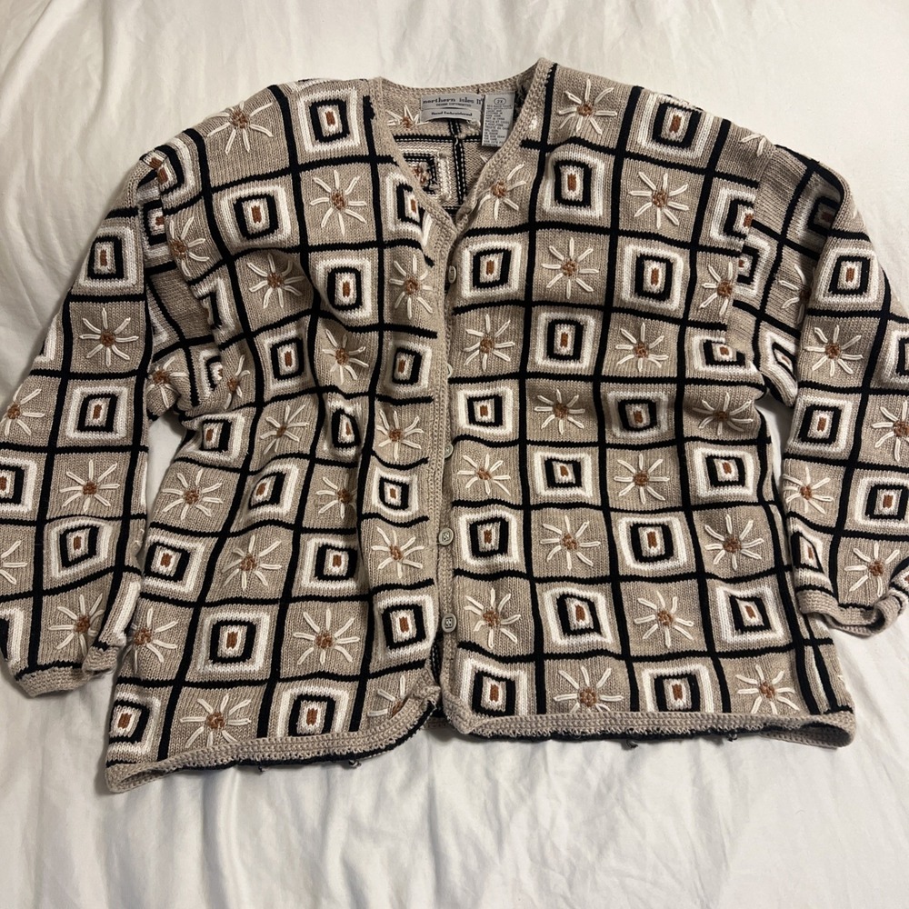 Northern Isles Vintage 2XL Hand Embroidered Cardigan Sweater Grannycore Beige